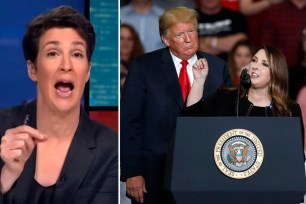 maddow split screen with trump and mcdaniel