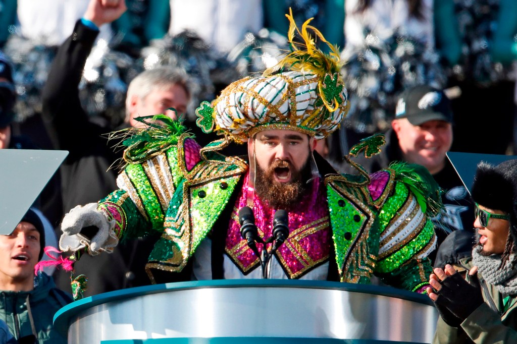 Jason Kelce in a Mummers outfit at the Eagles' Super Bowl parade.