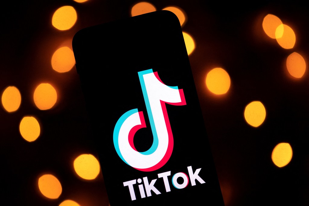 The logo of the social media video sharing app Tiktok displayed on a tablet screen