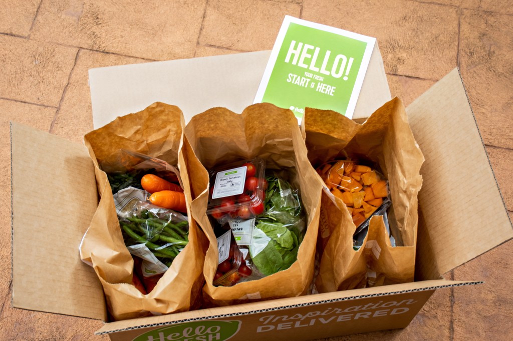Hello Fresh meal kits in a cardboard box.