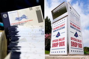 A secured drop box for return of mail-in ballots in Newtown Square, Pennsylvania, pictured on May 2, 2022.