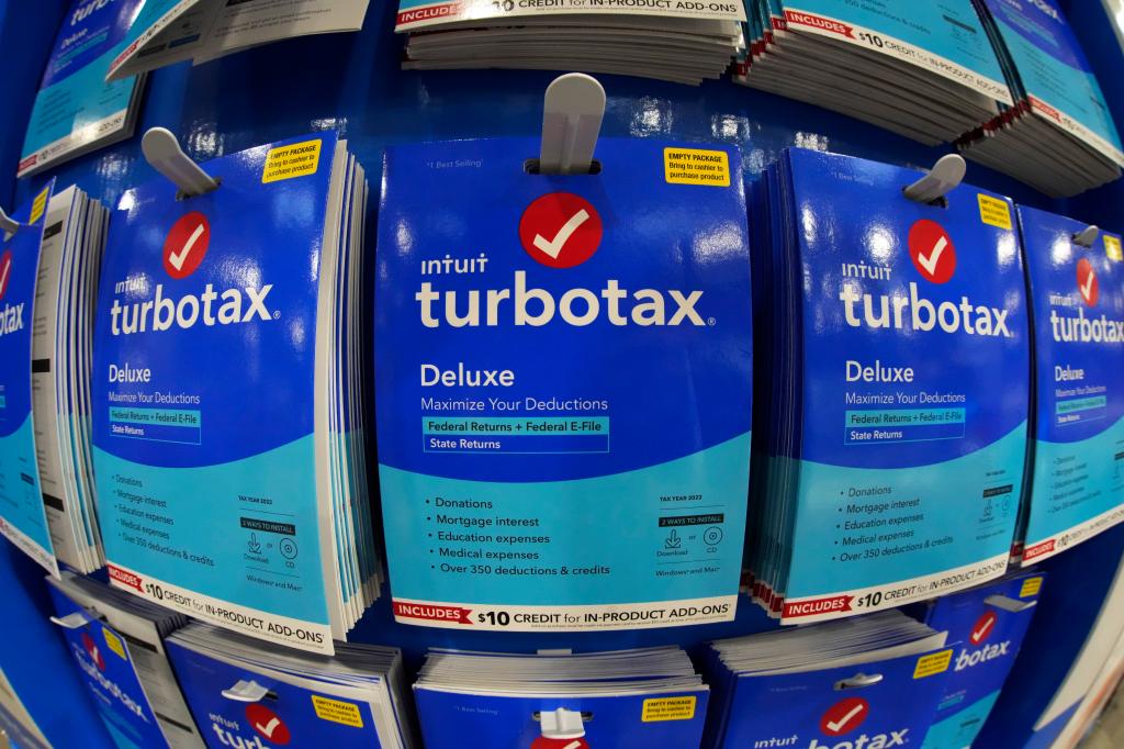 TurboTax package on display in a Costco Warehouse in Pittsburgh, showing the controversial 'free' advertising claim.