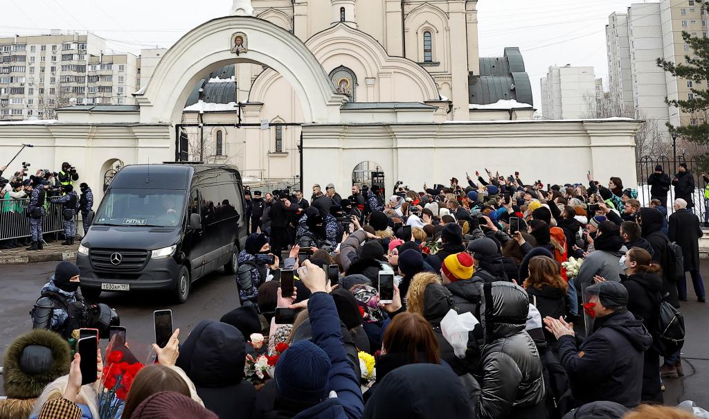 A hearse, which reportedly transports a coffin with the body of Russian opposition politician Alexei Navalny, is parked outside the Soothe My Sorrows church before a funeral service and farewell ceremony in Moscow, Russia, on March 1, 2024.