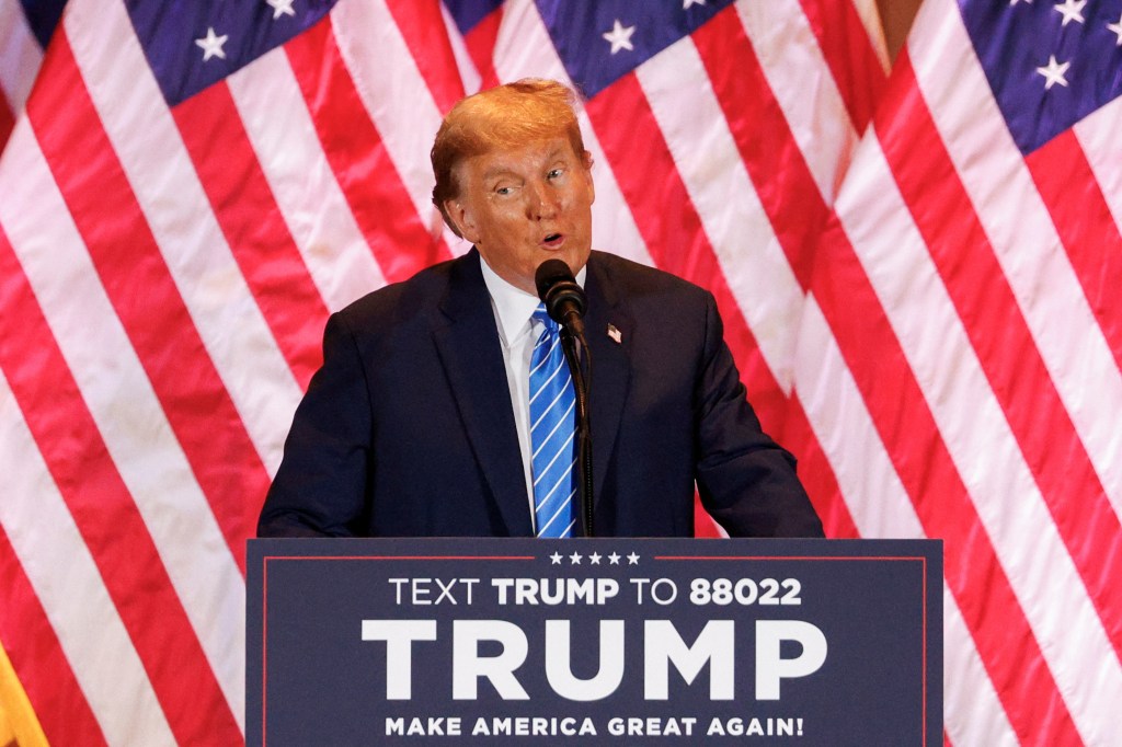 Former president Trump speaks at a watch party event to mark the Super Tuesday primary elections at his Mar-a-Lago property, in Palm Beach, Florida, on March 5, 2024. 