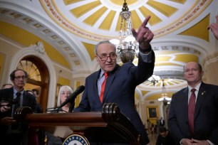 U.S. Senate Majority Leader Chuck Schumer speaks at a press conference with microphones on a podium.