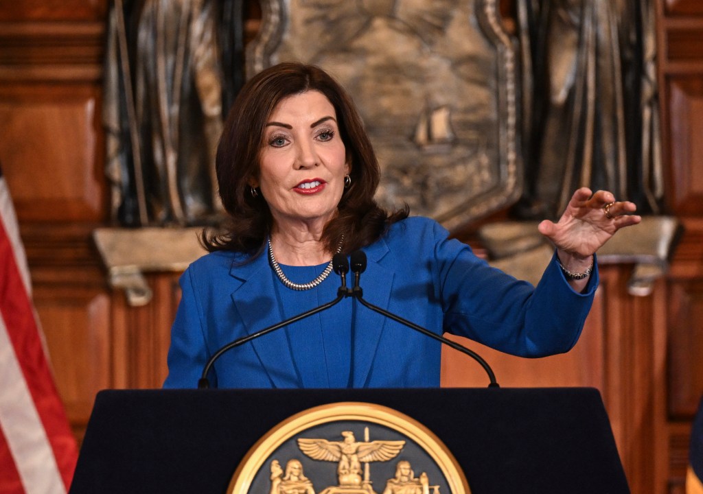 New York Gov. Kathy Hochul presents her 2025 executive state budget in the Red Room at the state Capitol