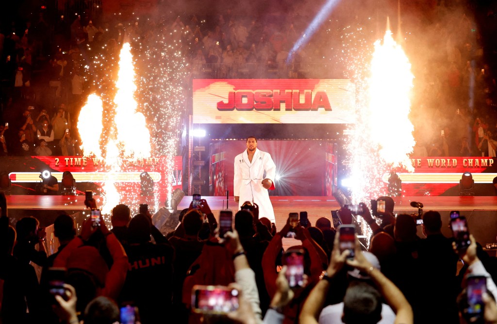 Anthony Joshua during his ring walk before his fight against Francis Ngannou.