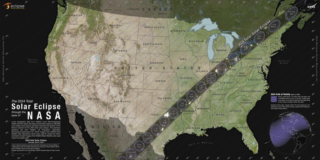 A photo of a map. The total solar eclipse will be visible along a narrow track stretching from Texas to Maine on April 8. A partial eclipse will be visible throughout all 48 contiguous U.S. states.