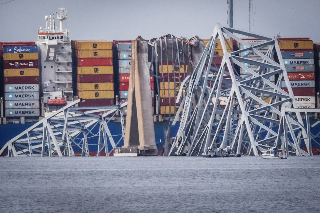 The cargo ship Dali is shown after running into and collapsing the Francis Scott Key Bridge on March 26, 2024