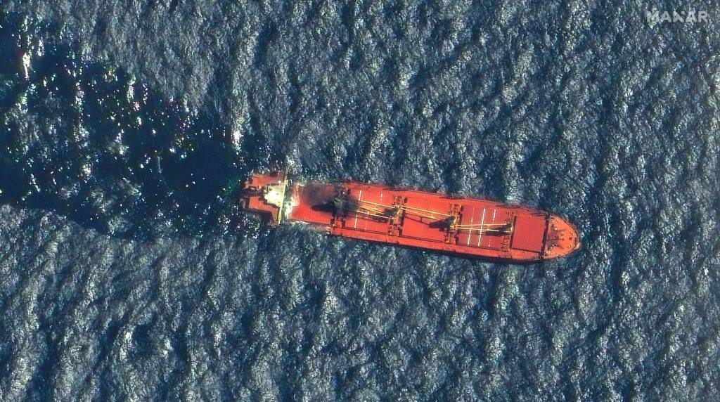 a sunken Belize-flagged ship in the Red Sea, Rubymar, attacked by Yemen's Houthi rebels and destroyed as part of their campaign over Israel's war against Hamas in the Gaza Strip.