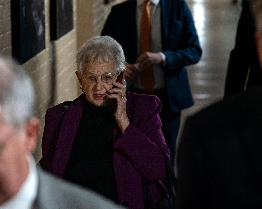 Rep. Virginia Foxx (R-NC) speaks on a phone while arrive for a House Republican conference meeting on Capitol Hill on March, 6 2024 in Washington, DC. Fiscal year 2024 funding would be covered under a proposed six-bill spending package that was released on March 3.