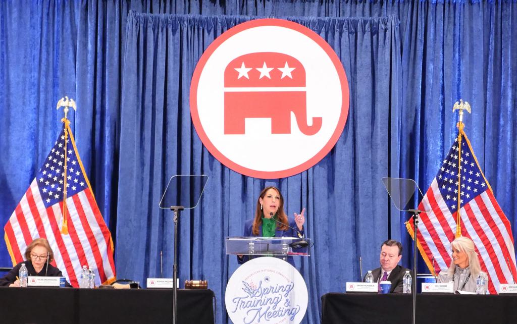 Woman speaking at RNC Spring meeting podium in Houston, Texas. (Photo by Cécile Clocheret / AFP) (Photo by CECILE CLOCHERET/AFP via Getty Images)