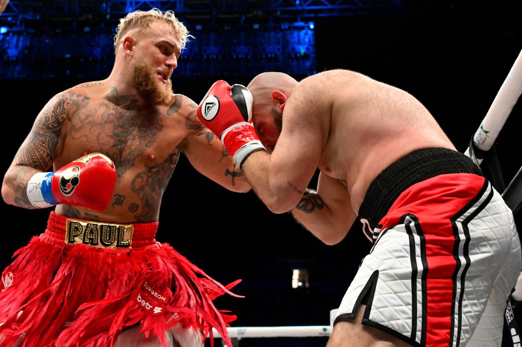 Jake Paul (L) in his fight vs.Ryan Bourland in Coliseo de Puerto Rico, San Juan, Puerto Rico on March 2, 2024. 
