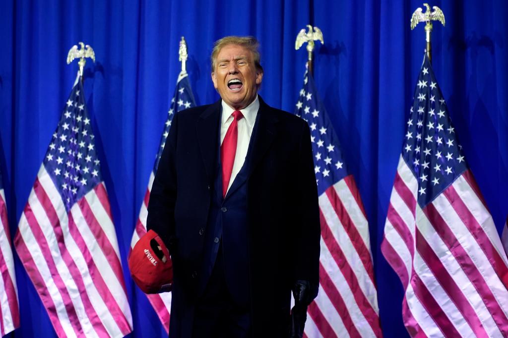 Republican presidential candidate former President Donald Trump yells on stage at a campaign rally in Waterford Township, Mich., Feb. 17, 2024.