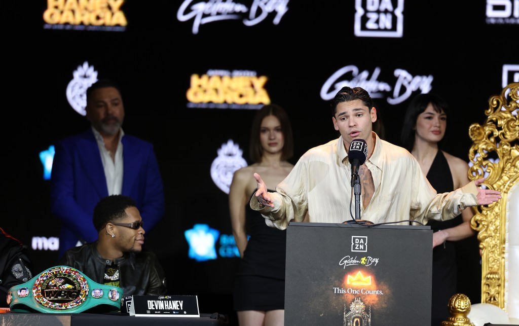 Ryan Garcia speaks during the press conference for his fight against Devin Haney at the Palladium Times Square on February 27, 2024 in New York City.  