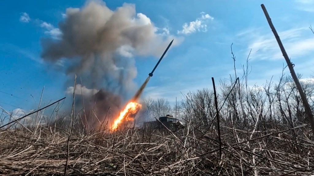 A rocket is fired from the Russian army's missile system toward Ukraine.