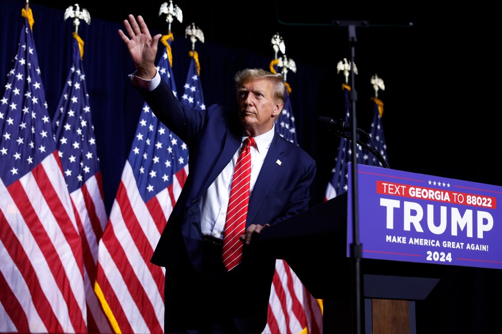 Republican presidential candidate and former U.S. President Donald Trump leaves the stage a the conclusion of a campaign rally at the Forum River Center March 09, 2024 in Rome, Georgia.