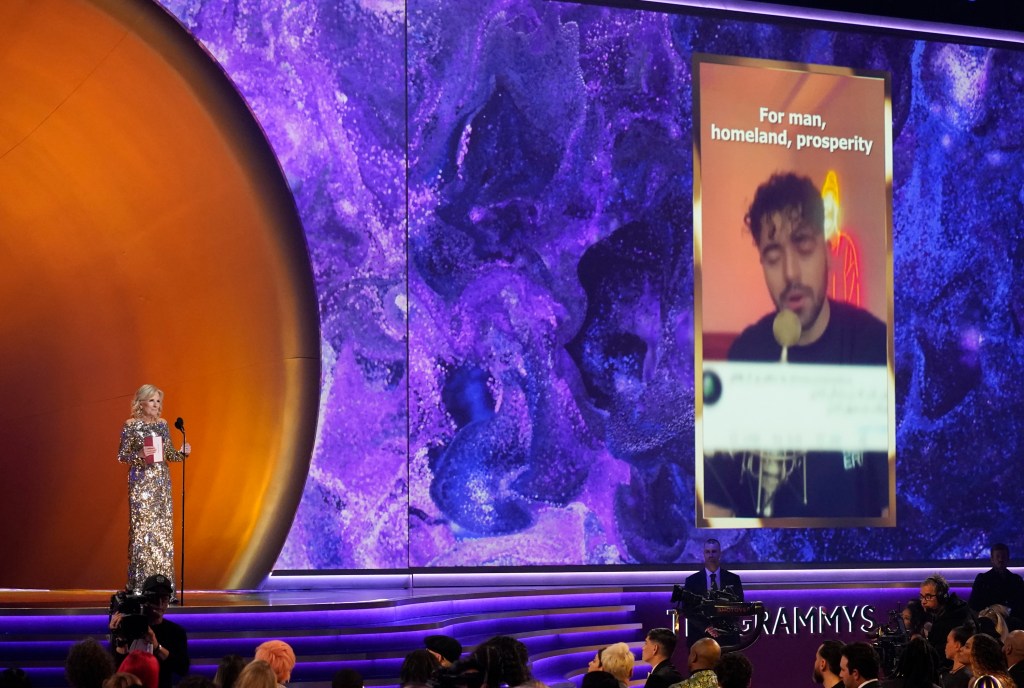 Jill Biden accepts award for Best Song for Social Change at Grammy Awards, Los Angeles, on behalf of Shervin Hajipour for "Baraye".