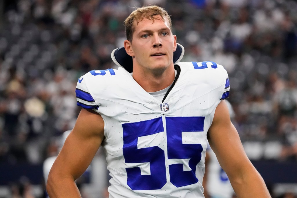 Dallas Cowboys linebacker Leighton Vander Esch walks on the field before a game against the New York Jets, Sunday, Sept. 17, 2023 in Arlington, Texas.  