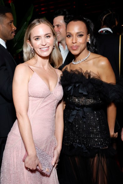 Emily Blunt and Kerry Washington posing for a picture at the 2024 Vanity Fair Oscar Party Hosted By Radhika Jones in Beverly Hills.