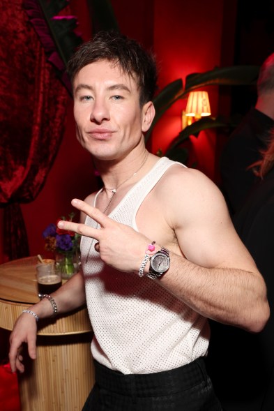 Barry Keoghan attends Vanity Fair Oscar Party hosted by Radhika Jones in Beverly Hills, wearing a white tank top.