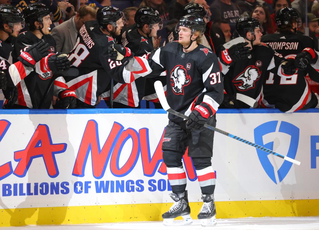 Buffalo Sabres center Casey Mittelstadt (37) celebrates his goal with teammates during the third period against the Vegas Golden Knights at KeyBank Center. 