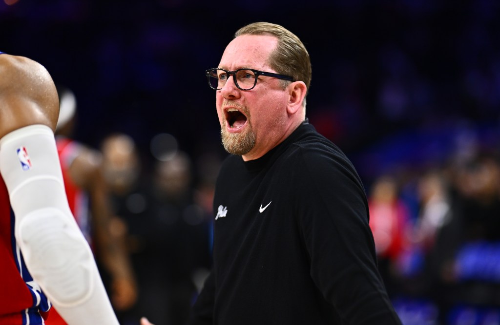 Philadelphia 76ers head coach Nick Nurse reacts to referees after the game against the New Orleans Pelicans at Wells Fargo Center. 