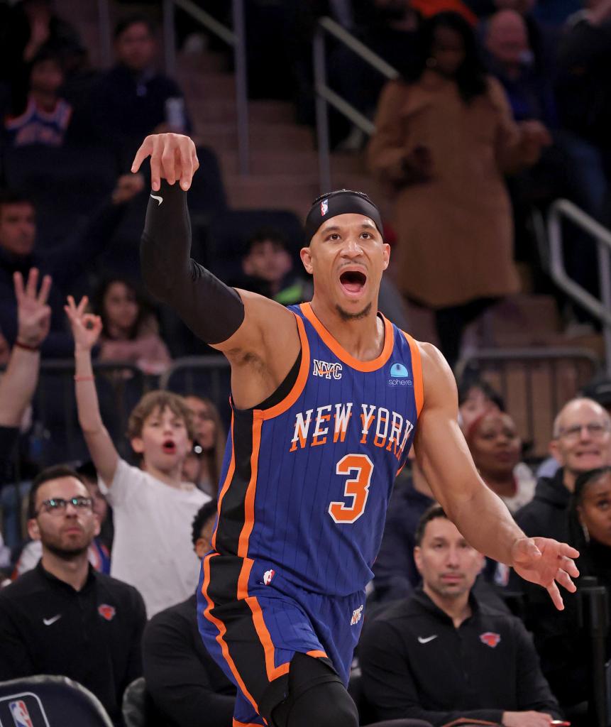 New York Knicks guard Josh Hart (3) reacts after he puts up a three point shot during the first half when the New York Knicks played the Philadelphia 76ers Sunday, March 10, 2024 at Madison Square Garden