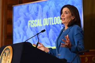 Gov. Kathy Hochul presenting her 2025 executive state budget in the New York state Capitol on Jan. 16, 2024.