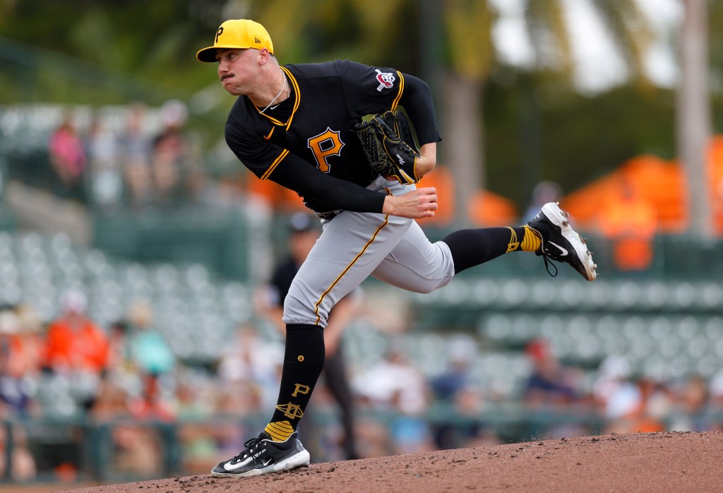 Paul Skenes #30 of the Pittsburgh Pirates pitches during a spring training game against the Baltimore Orioles at Ed Smith Stadium on February 29, 2024 in Sarasota, Florida.