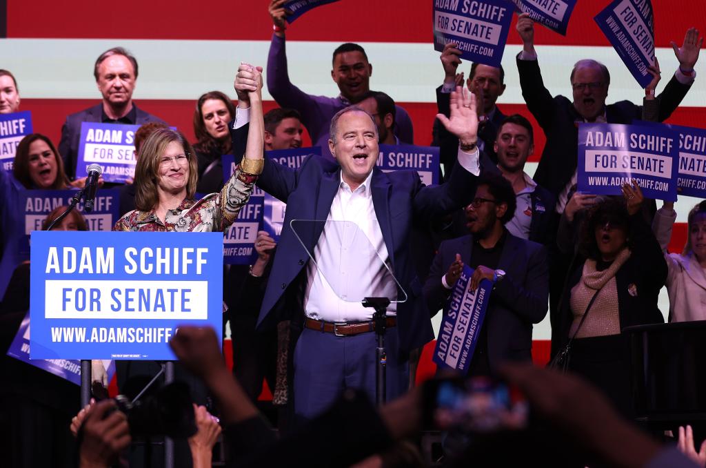 Democratic Senate candidate U.S. Rep. Adam Schiff (R) (D-CA) and his wife Eve Schiff (L) greet supporters during his primary election night gathering at The Avalon on March 05, 2024 in Los Angeles, California.