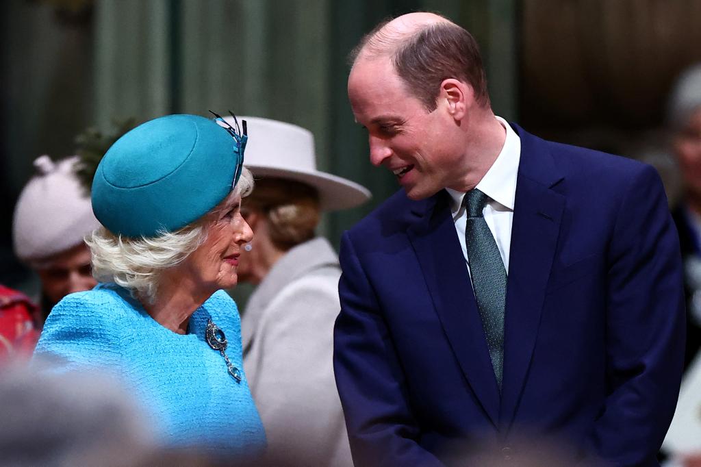 Camilla and William speak together as they attend an annual Commonwealth Day service ceremony at Westminster Abbey in London, on March 11, 2024.