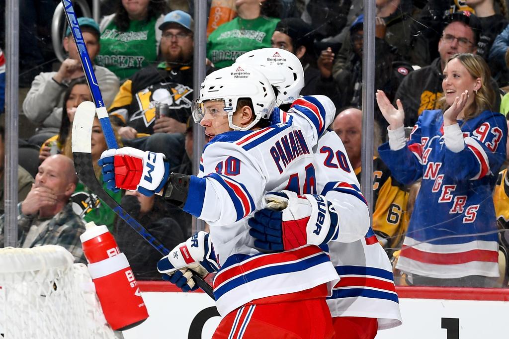Artemi Panarin #10 of the New York Rangers celebrates his second period goal against the Pittsburgh Penguins at PPG PAINTS Arena on March 16, 2024.