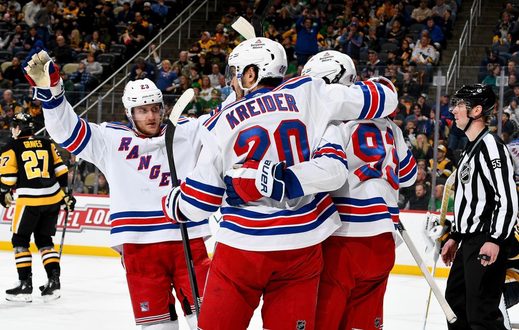 Mika Zibanejad #93 of the New York Rangers celebrates his second period goal against the Pittsburgh Penguins at PPG PAINTS Arena on March 16, 2024 in Pittsburgh, Pennsylvania.
