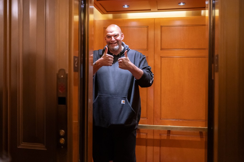 John Fetterman (D-PA) reacts to a question from members of the media on March 22, 2024 in Washington, DC.