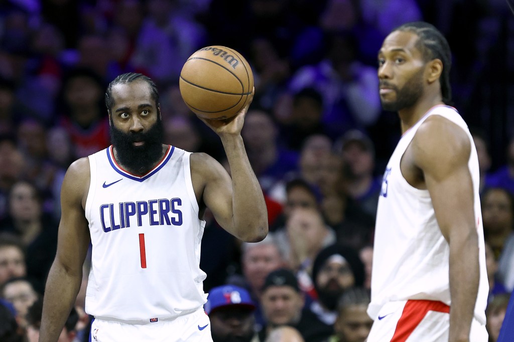 James Harden #1 of the LA Clippers looks on during the second quarter against the Philadelphia 76ers at the Wells Fargo Center on March 27, 2024