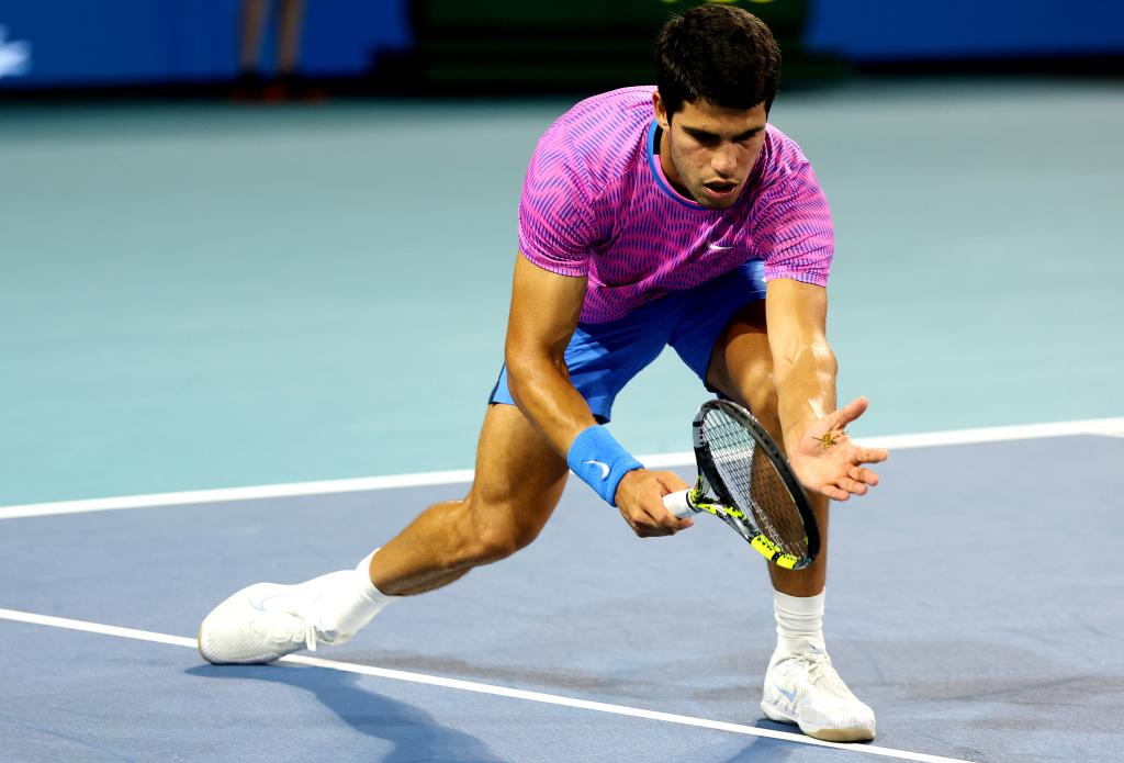 Carlos Alcaraz of Spain tries to catch a dragonfly during his match against Grigor Dimitrov of Bulgaria on Day 13 of the Miami Open at Hard Rock Stadium on March 28, 2024 in Miami Gardens, Florida.