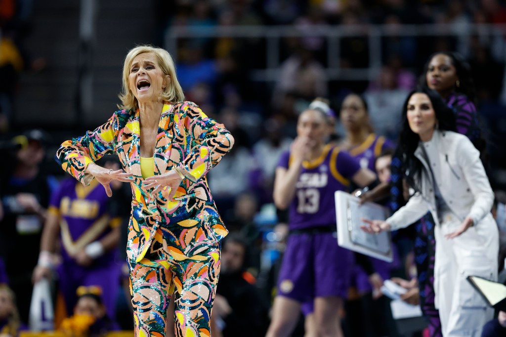 Head coach Kim Mulkey of the LSU Tigers reacts in a game against the UCLA Bruins during the second half in the Sweet 16 round of the NCAA Women's Basketball Tournament at MVP Arena on March 30, 2024 in Albany, New York. 