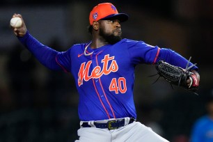 Luis Severino of the Mets throws a pitch against the Marlins during the first inning of a spring training game at Roger Dean Stadium on March 8.