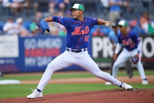 Mets starting pitcher Jose Quintana pitches in the first inning against the Miami Marlins at Clover Park.