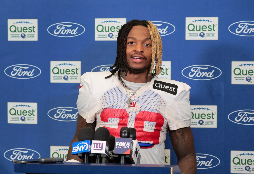 Xavier McKinney, a football player, speaking to the media after practice at the New York Giants training facility.