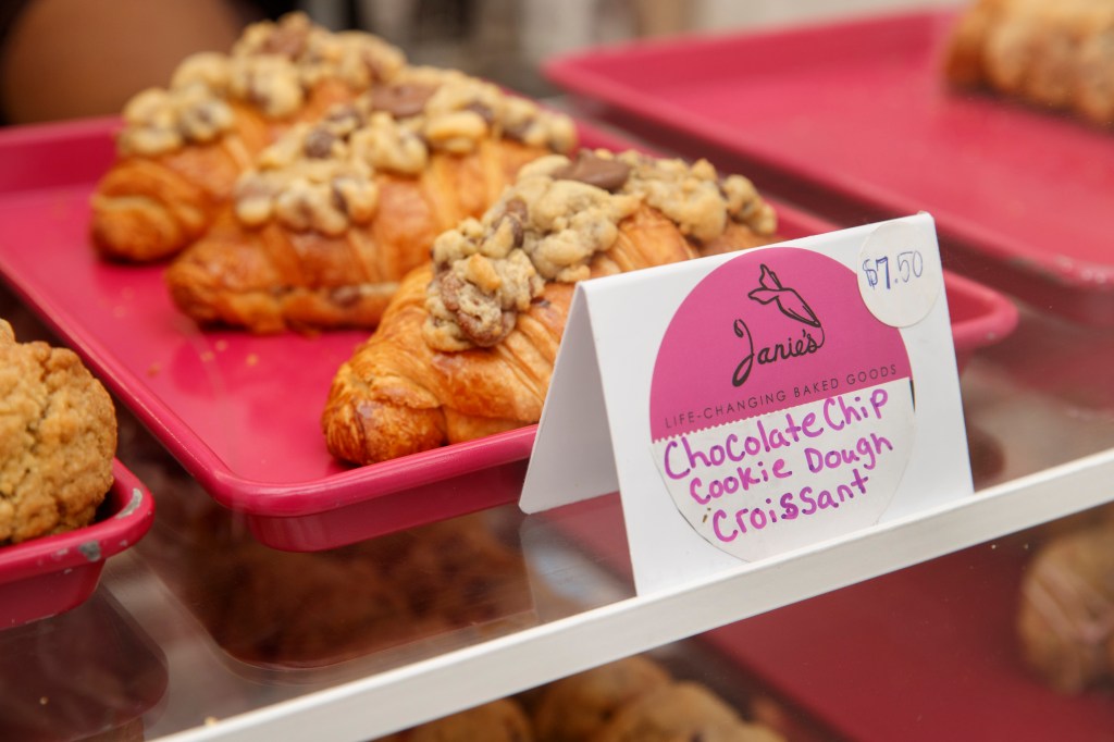 Close up of a Crookie, a popular pastry combining a croissant with chocolate chip cookie dough, from Janie's Life Changing Bakes Goods.