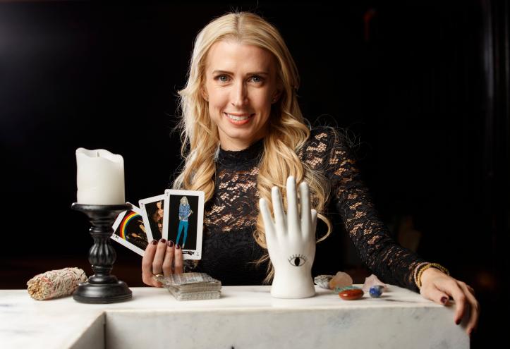 Celebrity tarot card reader Cardsy B holds a deck at the Algonquin Hotel in Manhattan