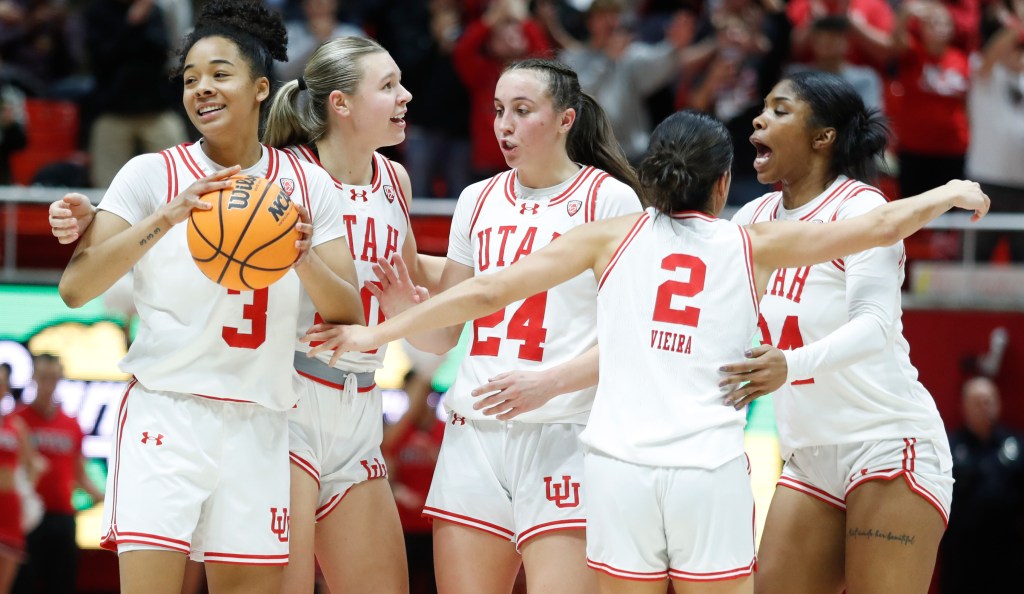 Members of the Utah women's basketball team during a game in January.