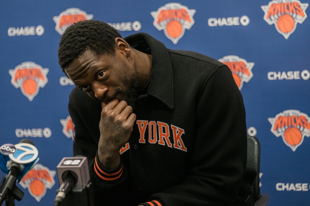 ulius Randle #30 of the New York Knicks speaks to members of the media during a press conference