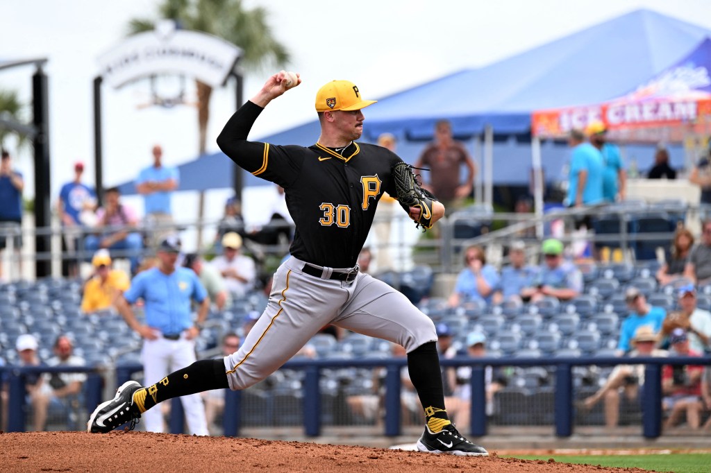 Pittsburgh Pirates pitcher Paul Skenes (30) throws a pitch in the spring training game against the Tampa Bay Rays at CoolToday Park on March 4, 2024. 