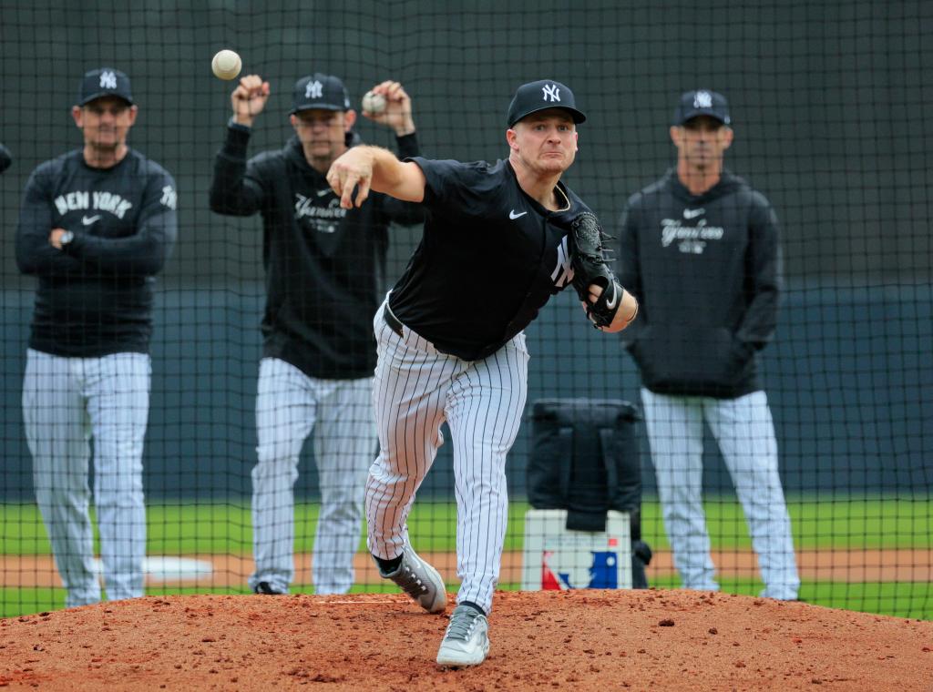 Yankees starting pitcher Clarke Schmidt #36, pitching in a simulated game during practice at Steinbrenner Field