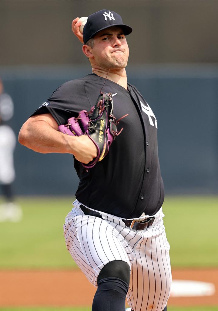 Yankees left-hander Carlos Rodon pitching against the Rays on March 6, 2024.