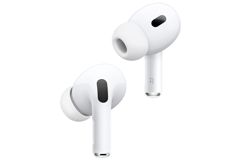A pair of white earbuds