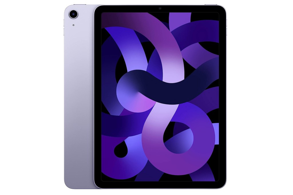 A tablet with a purple and blue design